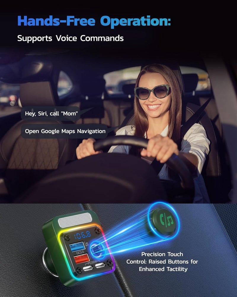nulaxy 54W Bluetooth 5.3 Car Adapter with 4 Charging Ports [PD 36W & QC3.0 18W], Wireless Radio FM Transmitter with Deep Bass Player & 5 Colors LED Backlit, Hands-Free Calling - Green - Image 5